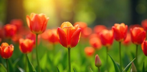 Fototapeta premium Vibrant tulips bursting into bloom in a lush green meadow, bathed in the warm sunlight of a spring day Perfect for themes of renewal, growth, and the beauty of nature's awakening , meadow, season