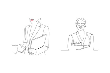 Businesswomen in line art style conceptualizing agreement and signature on white background