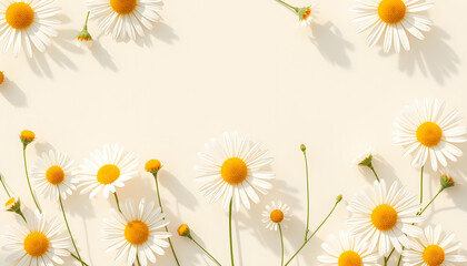 Delicate chamomile and daisy floral design with soft sunlit shadows on a warm beige textured backdrop featuring ample blank space, graphic novel art. with white shades