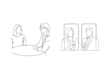 Minimalist line art illustrating professionals meeting and interacting with smartphones on white background