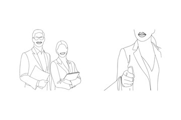 Elegant minimalist line art depicting professional business people and gesturing woman