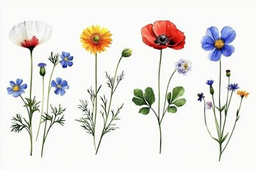 Fototapeta premium Artistic Watercolor Renderings of Classic Flowers: Perfect for Any Decor.