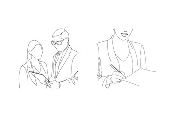 Business people consulting and signing documents illustrated with minimalist continuous line art