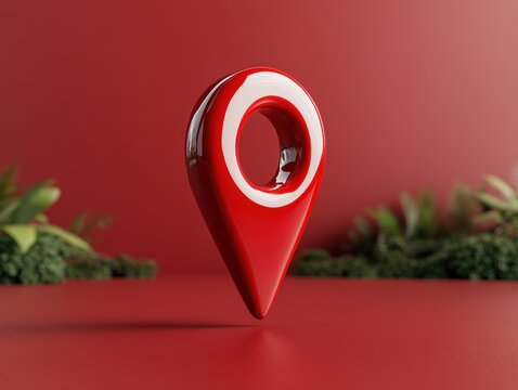 Red map marker with white detail on studio background