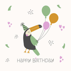 Birthday greeting card or poster with cute bird in party hat, balloons and colorful confetti.