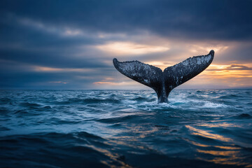 Obraz premium Majestic Whale Tail Breaching at Sunset: A Breathtaking Ocean Scene. Discover the beauty of marine wildlife in this stunning nature photograph. #Whale #Ocean #Nature