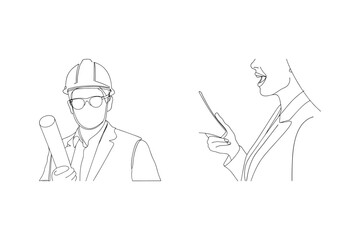 Line drawing illustration of an architect with blueprints and businesswoman with tablet