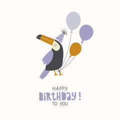 Birthday creative card or poster with cute bird toucan in party hat, colorful balloons and greeting lettering.