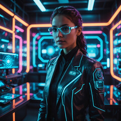 Cyberpunk-Inspired Character in Futuristic Control Room with Neon Lights and Data Displays
