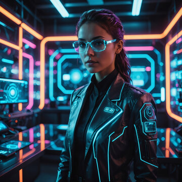 Cyberpunk-Inspired Character in Futuristic Control Room with Neon Lights and Data Displays