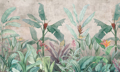 Mural Wallpaper. Watercolor Rainforest. Vintage Tropical Background. © александр Бужореан