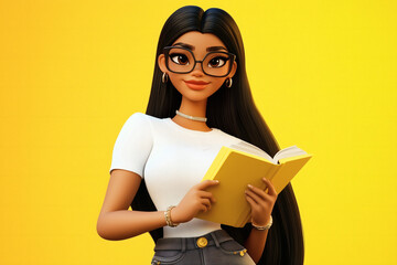 A charming 3D cartoon illustration of a young girl with long hair and Glasses Holding book