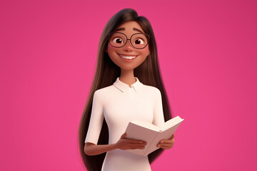 A charming 3D cartoon illustration of a young girl with long hair and Glasses Holding book