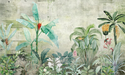 Mural Wallpaper. Watercolor Rainforest. Vintage Tropical Background.
