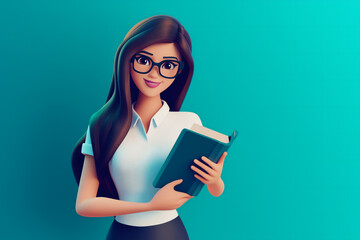 A charming 3D cartoon illustration of a young girl with long hair and Glasses Holding book