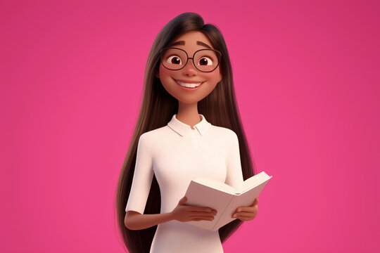 A charming 3D cartoon illustration of a young girl with long hair and Glasses Holding book