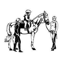Kid practicing horseback riding. Vector illustration.