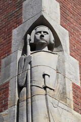 Sculpted Warrior Detail on the Beursgebouw Building Exterior in Amsterdam, Netherlands