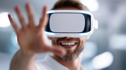 Geschäftsmann trägt VR-Brille und hat Spaß, Textfreiraum für Werbetext