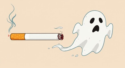 A ghostly figure represents the dangers of smoking, illustrated beside a burning cigarette