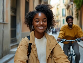 Young African American couple smiling on city street with bicycle