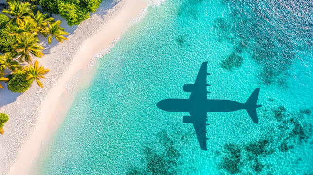 Stunning aerial tropical beach view with airplane shadow overhead ideal for travel blogs destination marketing drone photography and vacation inspiration