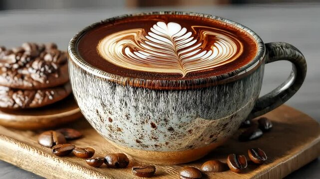 Artistic latte with heart-shaped foam design in a rustic ceramic cup, surrounded by coffee beans on a textured table