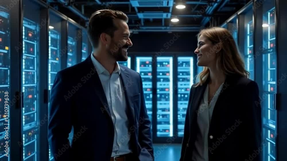 Poster two professionals are smiling and engaging in conversation in a dimly lit data center filled with se