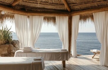 Fototapeta premium A thatched-roof cabana with two massage beds, draped in white linen and surrounded by sheer curtains, overlooks the ocean. The scene is peaceful and relaxing, perfect for luxury spa experiences