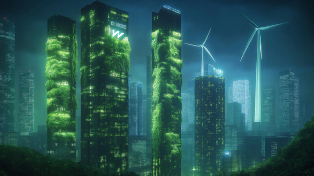 Neon Cyberpunk Eco-City &ndash; Futuristic Sustainable Urban Landscape