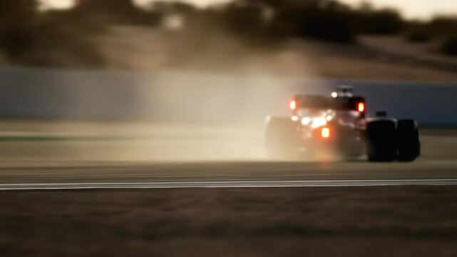 Formula Racing Car Drifting on Track at Sunset, Kicking Up Dust. Motorsport Action, High-Speed Auto Competition, Adrenaline Rush. 4K Video.