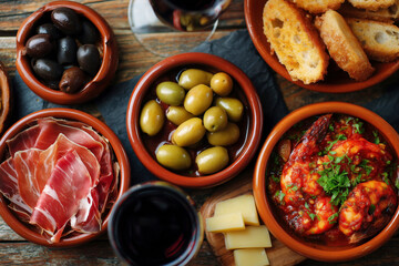 A delectable selection of Spanish tapas: olives, Iberian ham, marinated shrimp, and crusty bread, perfect for sharing with a glass of red wine. A culinary journey through Spain's rich gastronomy.