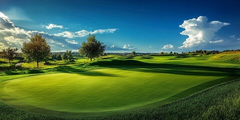 Serene Golf Course Landscape Wide Shot Composition, Lush Green Greens, Sunny Sky, Clouds, Trees. Golf, Nature Golf Course Photography, Landscape Photography