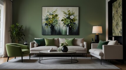 Modern living room with green accents and floral art