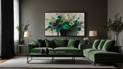 Modern living room featuring a large abstract floral painting above a deep green velvet sectional