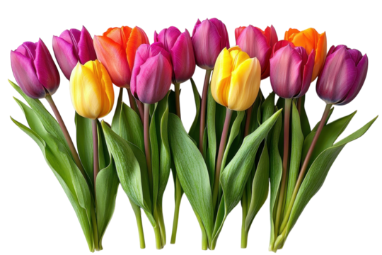 A vibrant bouquet of tulips in full bloom symbolizing springtime joy and renewal against a on transparent background