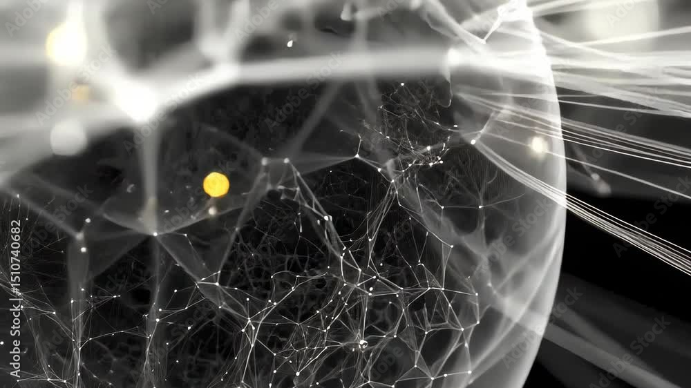 Poster abstract sphere formed by glowing neural connections and fine digital threads, floating in black spa