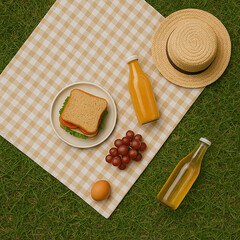 Picnic duvet with different food, fruits, egg, juice., bread on green grass