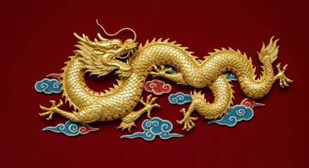 Obraz premium A golden dragon, intricately detailed, amidst stylized clouds, set against a deep red background