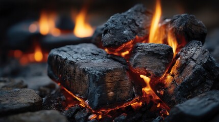 Close-up of hot charcoal briquettes burning with vivid orange flames and glowing embers in a fire pit, surrounded by ash and dark stones.
