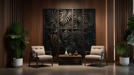 Dark wood interior with plant-themed wall decor and two armchairs