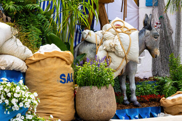 A scene with a life-size donkey figure loaded with white sacks of salt emphasises the historical importance of the salt trade in the Arucas region during the ‘Piedra y Flor’ festival