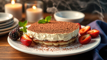 Tiramisu Dessert Delights: A delectable tiramisu dessert, presented with fresh strawberries, and a sprig of mint on a crisp white plate, inviting indulgence. The warm candlelight casting a soft.
