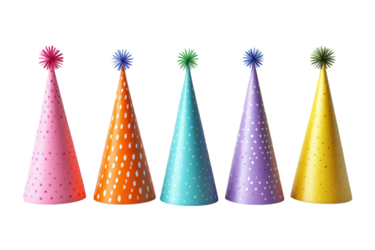 A vibrant row of colorful party hats ready to spark joyful celebrations each a beacon of fun on transparent background