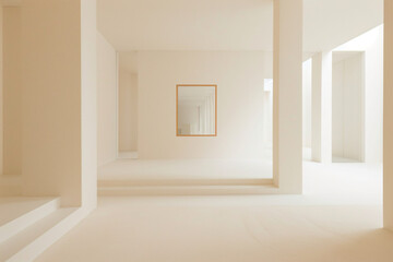 a room with a mirror and stairs in it
