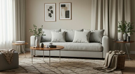 Naklejka premium Serene living room with neutral palette, comfy sofa, coffee table, patterned rug, and minimalist decor
