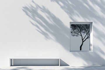 a white bench sitting next to a white wall