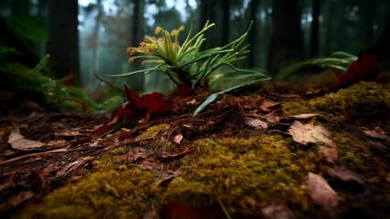 Deep focus shot of forest floor with unique green plants, red leaves, and light moss covering decaying wood and dark soil. - Powered by Adobe