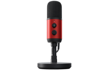 Amplifying Your Voice A Sleek Red Microphone Ready for Podcasts Streams and Crystal Clear on transparent background