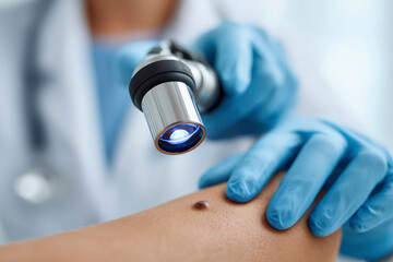 Dermatoscopy: Close-up of a Mole Examination using a Dermatoscope. A Doctor using a dermatoscopy device to examine a patient's mole for skin cancer diagnosis and treatment.